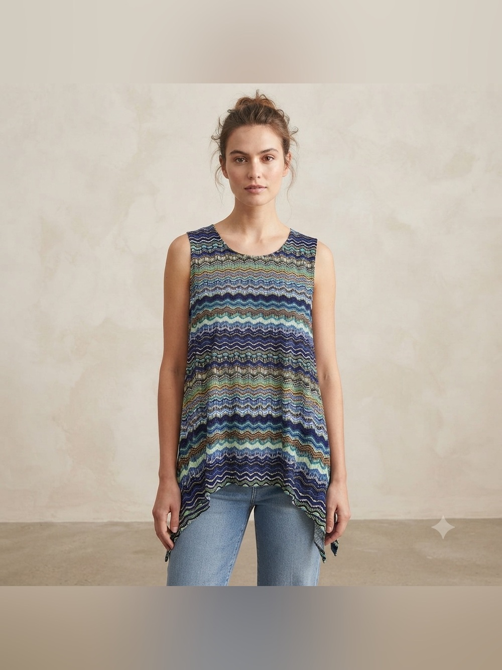 Clientele Blue Green Geometric Wave Tank Top Sleeveless Handkerchief Hem Size L
